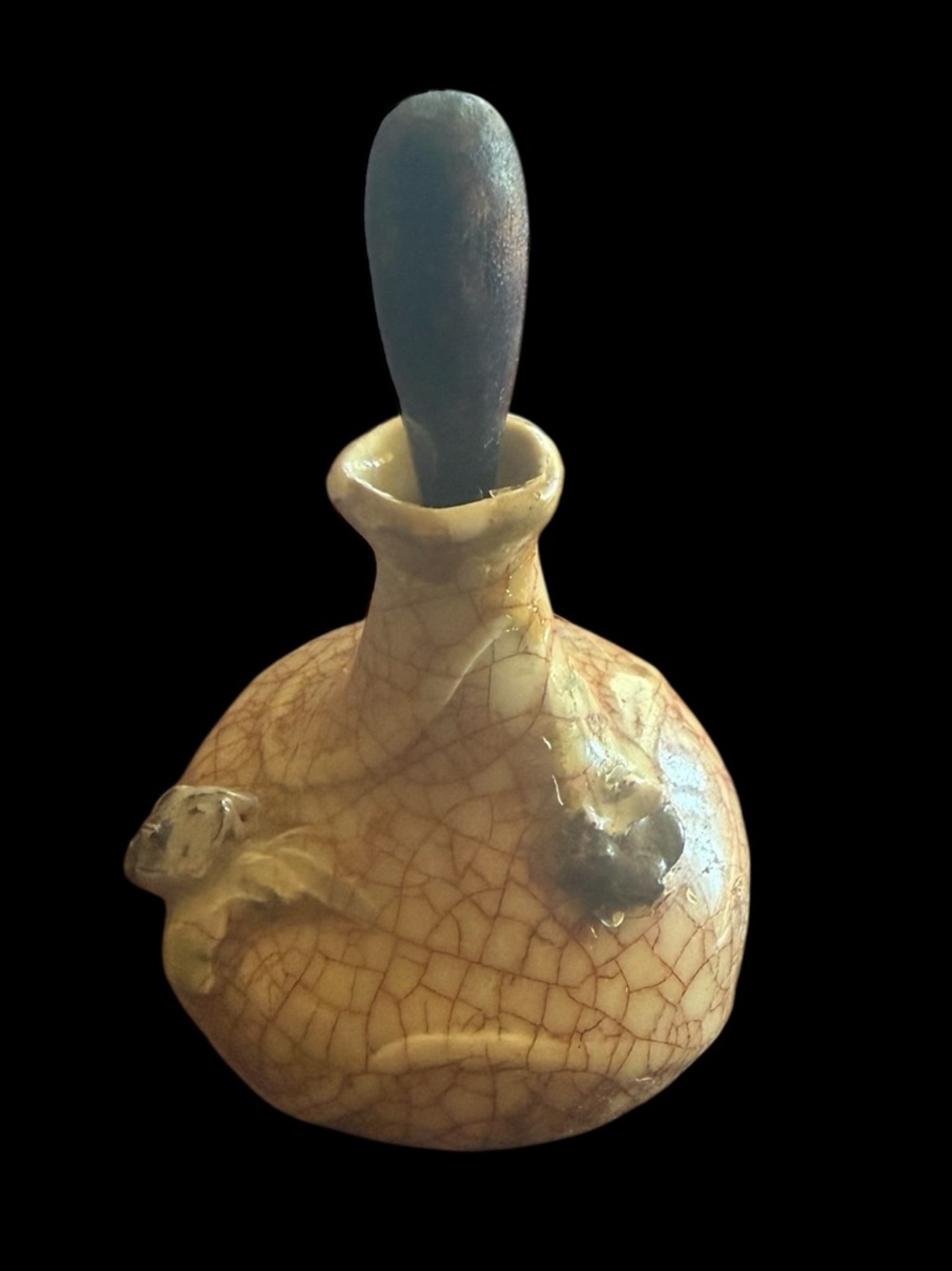 Vintage Chinese Crackle Glaze Perfume Bottle with Wood Stopper
